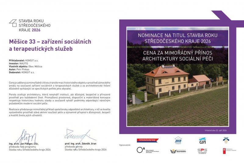 Cena za mimořádný přínos architektury sociální péče v soutěži Stavba roku Středočeského kraje 2026