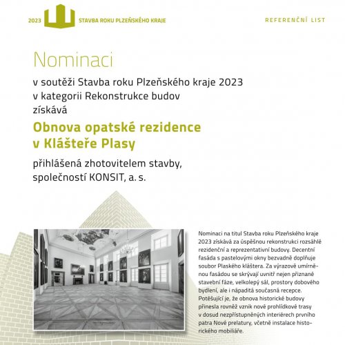 Opatská rezidence v Klášteře Plasy mezi nominacemi na Stavbu roku Plzeňského kraje